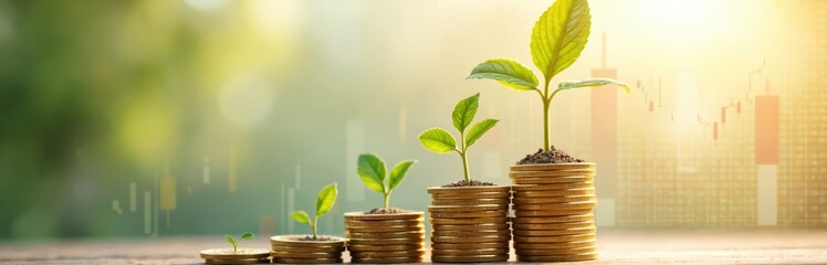 Plant growing from coins represents financial growth, investment. Prosperity in nature-inspired backdrop. Concept of finance, business, budget, money, market, success, capital. Illustration of