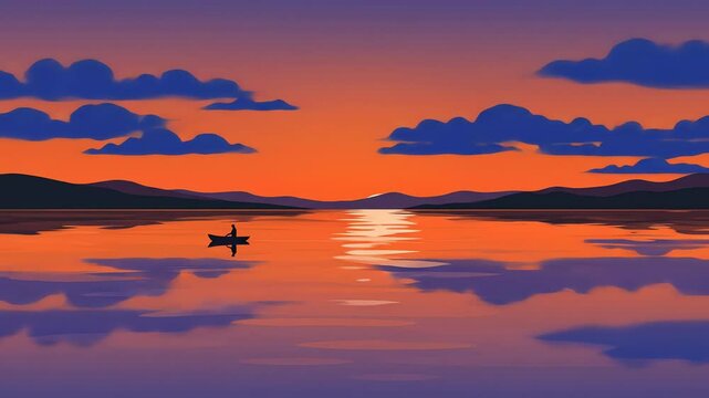 Sunset landscape with silhouetted mountains clouds  a single figure in a boat on a tranquil body of water
