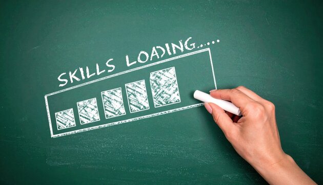 Chalkboard showing skills loading bar indicating progress in self-improvement, training, business development or educational growth in a motivational context