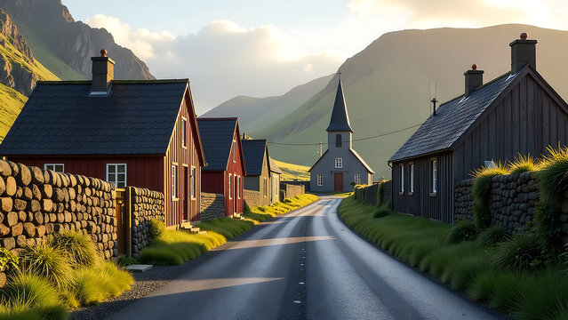 serene village street sandavagur vagar faroe islands features rustic wooden houses picturesque church bathed soft evening