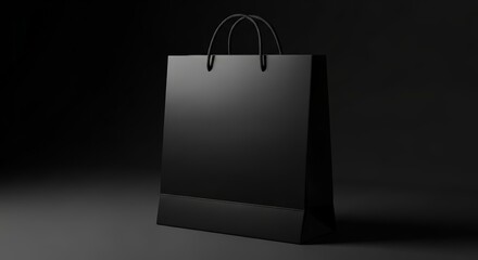 Elegant black shopping bag standing tall in a dark studio setting with subtle studio lighting.