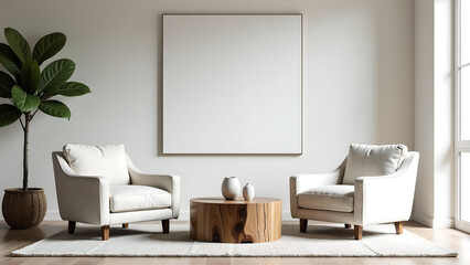sleek living room features boucle armchairs neutral background set beside reclaimed wood coffee table soft ambient