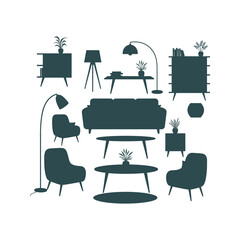 Midcentury modern living room furniture silhouettes sofa chairs tables lamps plants shelving