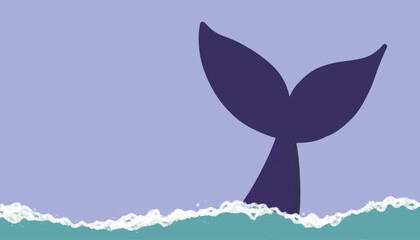 Whale tail in the ocean cartoon hand drawn illustration