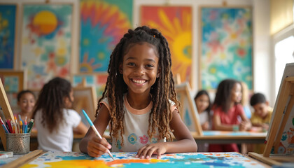 Smiling girl paints in art class with friends. Cheerful student with long hair and creative artwork in school, learning, having fun. Education, colorful paintings, and teamwork in the classroom.