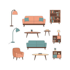 Mid Century Modern Living Room Furniture Set Sofa Armchair Tables Lamps Bookcases  Vector Illustration