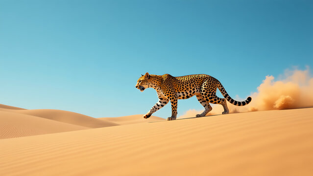 sleek golden leopard crouches low arid sand dunes forepaw hindpaw raised swift motion casting fleeting dust trail
