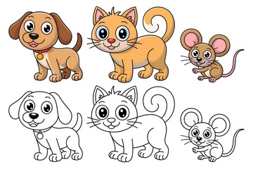 Fototapeta premium Cute Cartoon Animals Dog, Cat, and Mouse