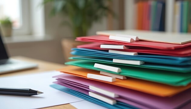 Color-coded files stack on wooden desk, pen, laptop. Home office setup showing organized workflow. Efficient personal workspace with focus on productivity. Office design with document storage,