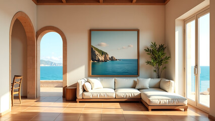 stunning mediterranean living room features archway entrance warm terracotta tiles rustic wooden frame surrounding serene