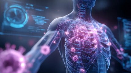 Futuristic AI assisted cancer diagnosis interface medical hologram showing 3D human body cancer risk zones marked glowing data points and digital overlays