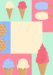 Ice cream poster template with colorful cartoon desserts, vector. 2