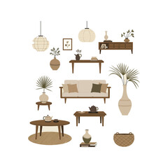 Midcentury modern living room interior design  illustration with furniture plants and decor