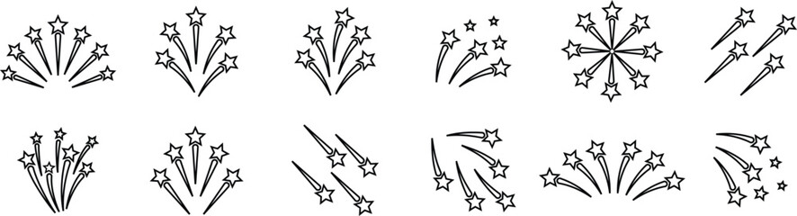 Fireworks stars icon set. Shooting star or rising star icon signs isolated on transparent background. Flying star and comet with tail icon, abstract fantasy galaxy element. Vector illustration.