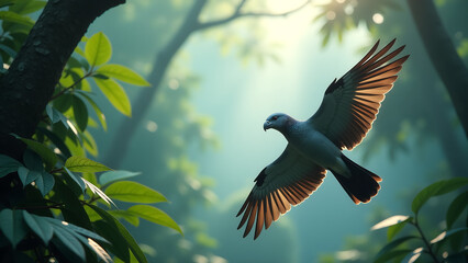 african greys swoop misty rainforest canopy iridescent feathers glowing soft diffused light surrounded vibrant greenery