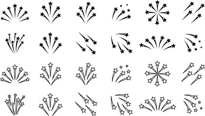 Fireworks stars icon set. Shooting star or rising star icon signs isolated on transparent background. Flying star and comet with tail icon, abstract fantasy galaxy element. Vector illustration.
