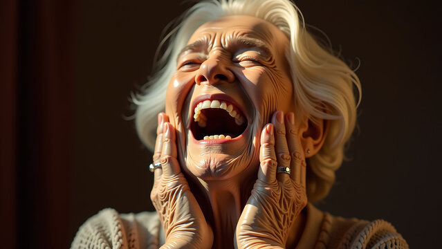 elderly woman face contorts ecstatic joy eyes closed mouth agape gloves still clasped tightly around wrist bones illuminated