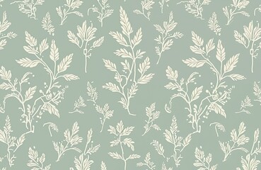 Monochrome botanical toile pattern, seamless background for wallpaper, textile design. Vintage floral leaves, floral design illustration on light green backdrop. Elegant artistic decor element.