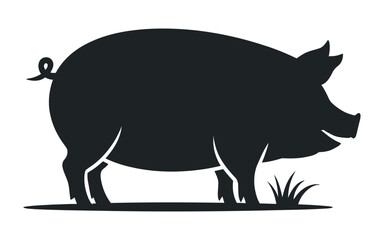 Simple Black and White Silhouette of a Pig with Grass stylized silhouette pig standing the ground grass pig silhouette animal farm animal black