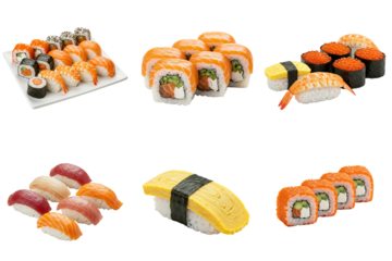 Set of sushi set, maguro, sake sushi, tamago sushi, tamago and ebi sushi set, and hotate sushi in professional product style on a transparent background