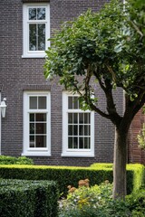 Charming garden with neatly trimmed hedges and trees in front of a brick house on a sunny day, showcasing harmonious architecture and nature in a tranquil setting