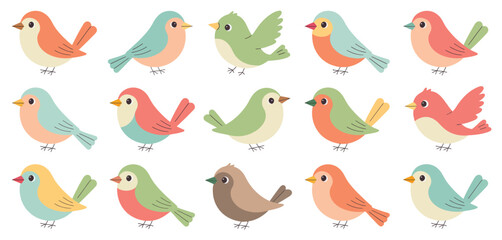 Collection of cute cartoon birds in various colors and poses