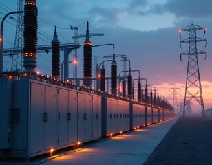 High-tech electrical power substation at dusk with glowing lights, towering transformers. Modern energy infrastructure, power transmission. Energy, electricity, technology, industry, construction,