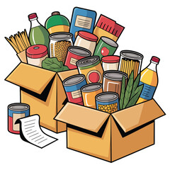 Two cardboard boxes overflowing with canned goods pasta and other food items