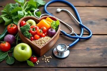 A heart shaped bowl filled with fresh fruits and vegetables