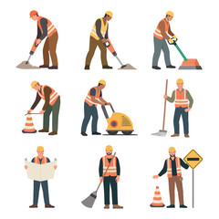 Construction workers performing various tasks with tools and equipment on a white background