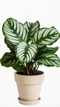 Ornate prayer plant with striped leaves growing in simple beige pot, against clean white backdrop, for nature themed art
