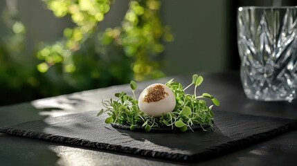 Degustation course luxury starter displaying precisely halved quail egg nestled among tender microgreens on rustic black slate, illuminated by natural light with premium restaurant glassware creating