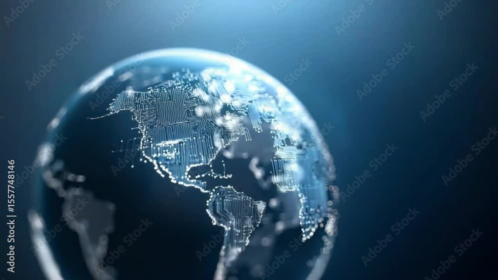Poster global innovation: a stunning, high-tech representation of the earth, illuminated by glowing digital