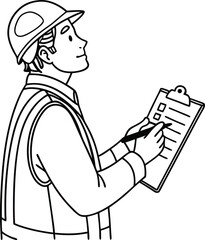 Construction Worker with Checklist – Line Art Vector Illustration
