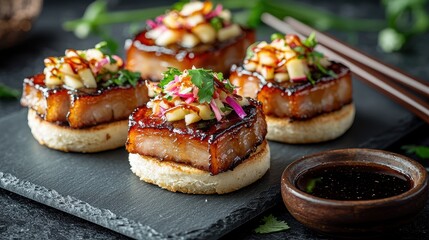 Crispy-edged pork belly sliders with diced apple slaw and glaze arranged on slate surface with dipping sauce bowl and wooden chopsticks
