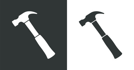 Two contrasting hammer icons in grayscale on a black and white background Simple symmetrical silhouettes light dark gray tones tool construction repair icon