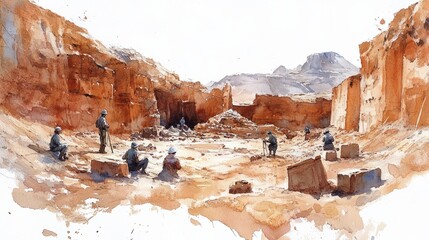 Historical archaeological excavation in a desert with ruins. Scientific watercolor scene with archaeologists on white background.