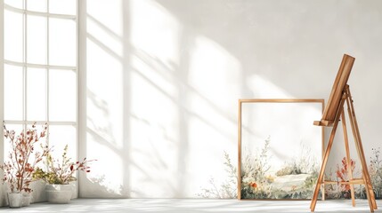Creative artist's studio with an easel by an open window. Inspiring watercolor scene with a summer landscape on white background.