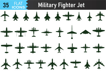 Military Fighter Jet Silhouette Vector Set. Modern Aircraft Icons Including F-22, MiG, Su, Eurofighter, and Stealth Jets on white background. Vector illustration
