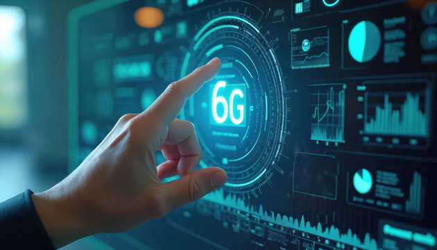 Human hand interacts with futuristic holographic interface displaying 6G technology capabilities. Digital data transfer, high-speed network, wireless connection, cyberspace concept. Touchscreen - Powered by Adobe