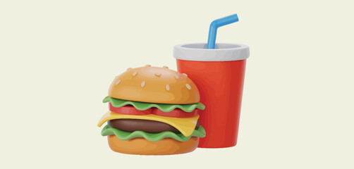 Stylized 3d render of a classic cheeseburger and a red soda cup with a blue straw
