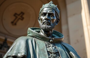 Statue Pope Gregory XIII Bologna Italy city hall. Bronze sculpture shows pope in robes with crown. Catholic church religion, old historical building, architecture detail.