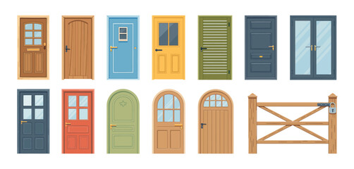 Collection of diverse exterior doors and a wooden gate with a lock
