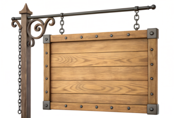 Rustic wooden sign with ornate metal bracket wood grain
