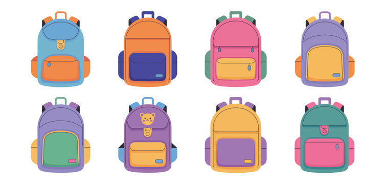 Collection of eight colorful cartoon backpacks for school and travel