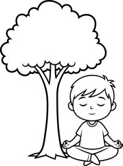 Fototapeta premium Boy Meditating Under a Tree Coloring Page for Relaxation and Mindfulness