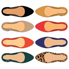 Collection of eight colorful flat shoes with different styles and patterns