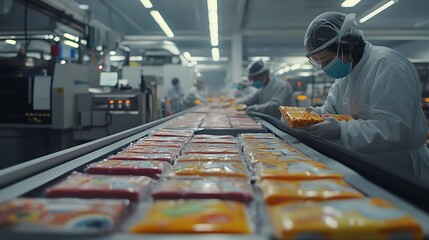 Workers in Protective Gear Package Food Products on a Conveyor Belt in a Modern Factory