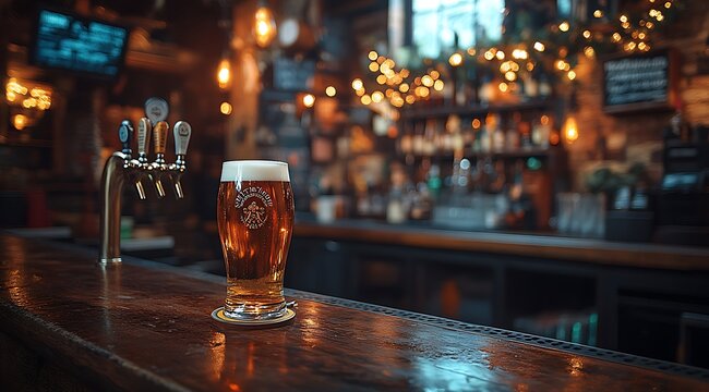 Pint of Beer on a Pub Counter, Warm Lighting