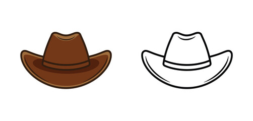 Brown cowboy hat and outline drawing side by side on white background